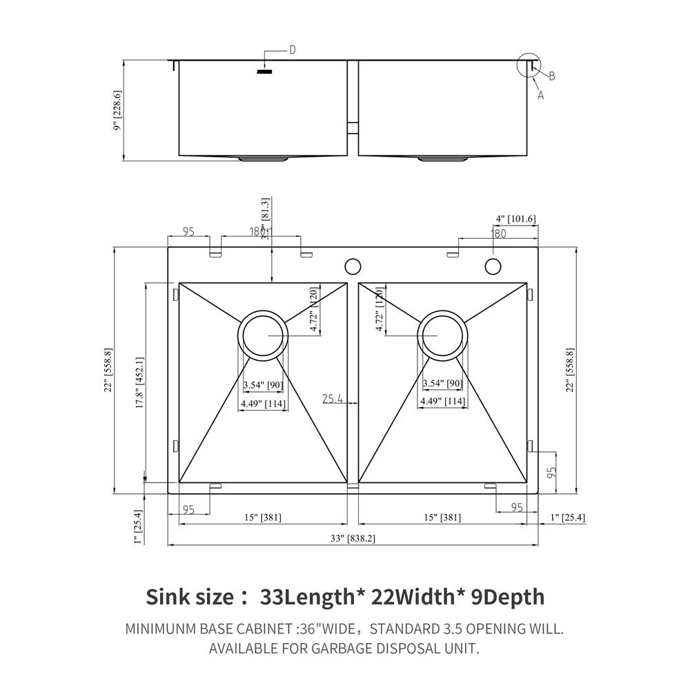 33 Inch Stainless Steel Kitchen Sink 18 Gauge with Two 9" Deep Basin